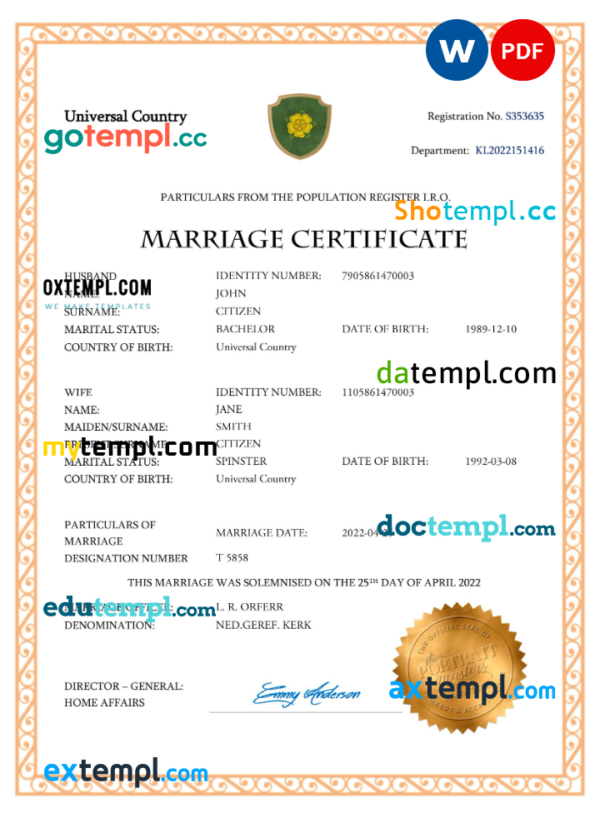 editable template, # charm universal marriage certificate Word and PDF template, completely editable
