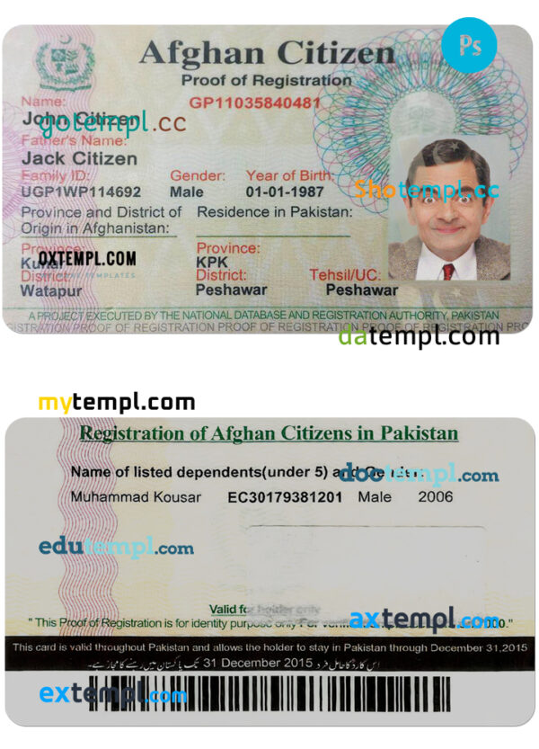 editable template, AFGHANISTAN Citizen proof of registration card PSD template