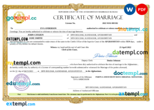 editable template, Afghanistan marriage certificate Word and PDF template, completely editable