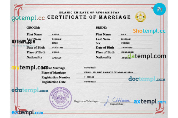 editable template, Afghanistan marriage certificate PSD template, fully editable
