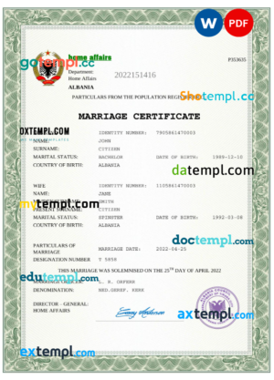 editable template, Albania marriage certificate Word and PDF template, fully editable