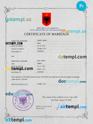 editable template, Albania marriage certificate PSD template, completely editable