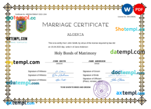 editable template, Algeria marriage certificate Word and PDF template, completely editable
