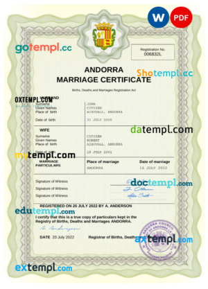 editable template, Andorra marriage certificate Word and PDF template, fully editable