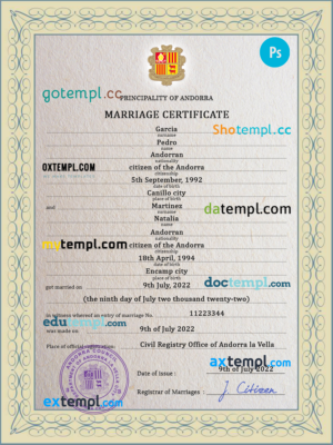 editable template, Andorra marriage certificate PSD template, completely editable