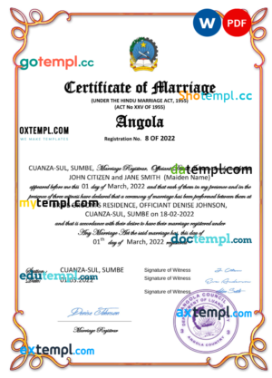 editable template, Angola marriage certificate Word and PDF template, completely editable