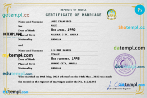 editable template, Angola marriage certificate PSD template, fully editable