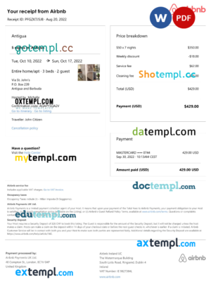 editable template, Antigua and Barbuda Airbnb booking confirmation Word and PDF template