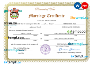 editable template, Antigua and Barbuda marriage certificate Word and PDF template, fully editable