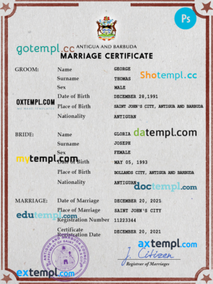 editable template, Antigua and Barbuda marriage certificate PSD template, completely editable