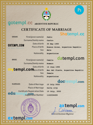 editable template, Argentina marriage certificate PSD template, fully editable