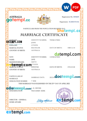 editable template, Australia marriage certificate Word and PDF template, completely editable