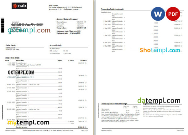 editable template, Australia NAB bank statement Word and PDF template, 2 pages