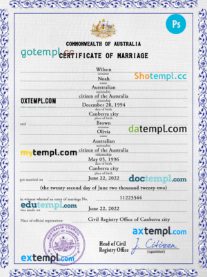 editable template, Australia marriage certificate PSD template, completely editable