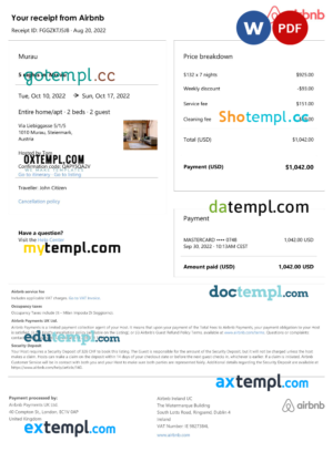 editable template, Austria Airbnb booking confirmation Word and PDF template