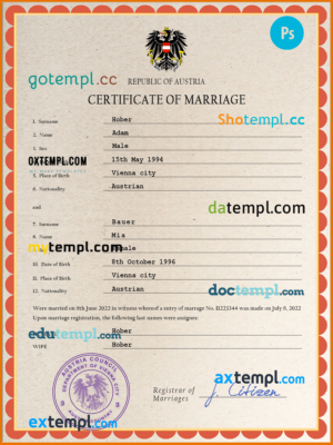 editable template, Austria marriage certificate PSD template, fully editable