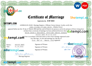 editable template, Azerbaijan marriage certificate Word and PDF template, fully editable
