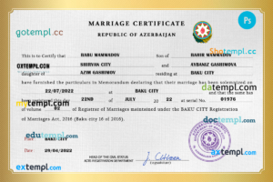editable template, Azerbaijan marriage certificate PSD template, completely editable