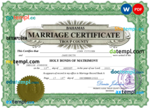 editable template, Bahamas marriage certificate Word and PDF template, completely editable