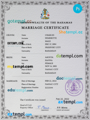 editable template, Bahamas marriage certificate PSD template, fully editable