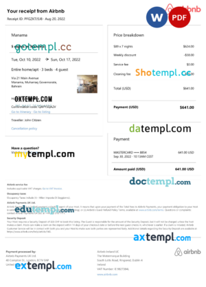 editable template, Bahrain Airbnb booking confirmation Word and PDF template