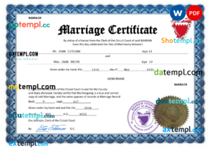 editable template, Bahrain marriage certificate Word and PDF template, fully editable