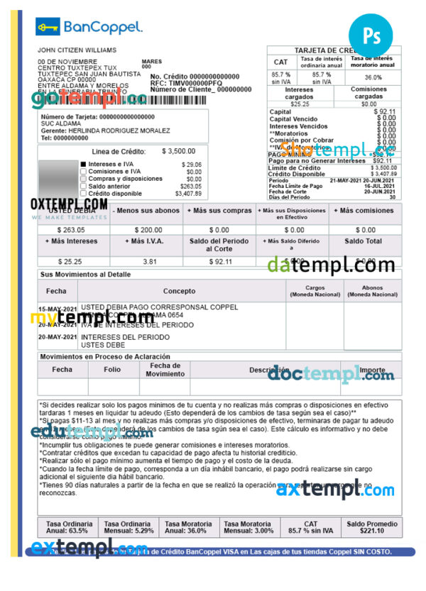 editable template, Mexico BanCoppel account statement PSD template, fully editable