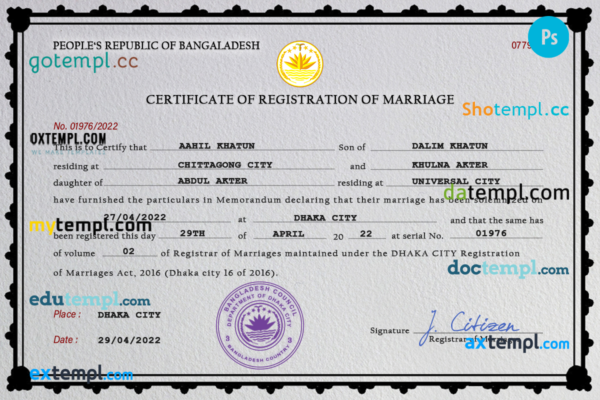 editable template, Bangladesh marriage certificate PSD template, fully editable
