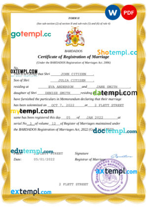 editable template, Barbados marriage certificate Word and PDF template, completely editable