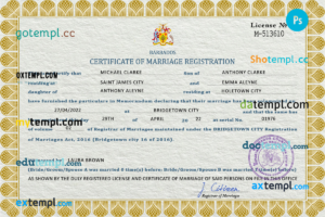 editable template, Barbados marriage certificate PSD template, completely editable