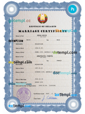 editable template, Belarus marriage certificate PSD template, fully editable