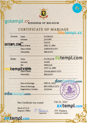 editable template, Belgium marriage certificate PSD template, completely editable