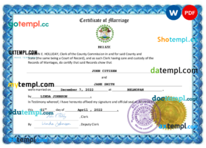 editable template, Belize marriage certificate Word and PDF template, completely editable