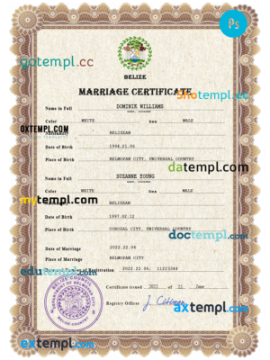 editable template, Belize marriage certificate PSD template, fully editable