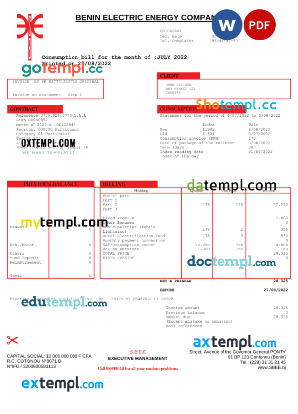 editable template, Benin Electric Company Word and PDF utility bill template