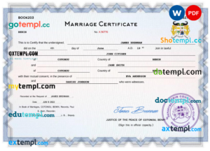 editable template, Benin marriage certificate Word and PDF template, completely editable