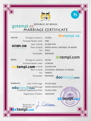 editable template, Benin marriage certificate PSD template, completely editable
