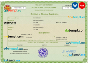 editable template, Bhutan marriage certificate Word and PDF template, fully editable