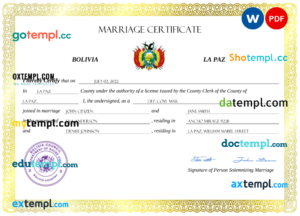 editable template, Bolivia marriage certificate Word and PDF template, completely editable