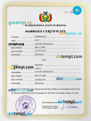 editable template, Bolivia marriage certificate PSD template, fully editable