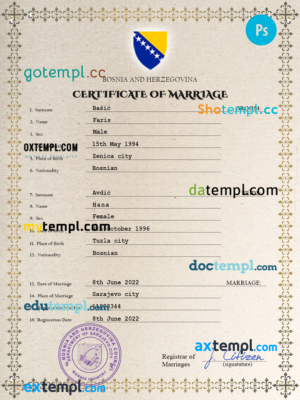 editable template, Bosnia and Herzegovina marriage certificate PSD template, completely editable
