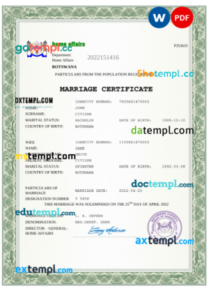 editable template, Botswana marriage certificate Word and PDF template, completely editable