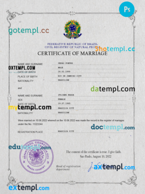 editable template, Brazil marriage certificate PSD template, completely editable