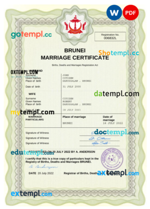 editable template, Brunei marriage certificate Word and PDF template, completely editable