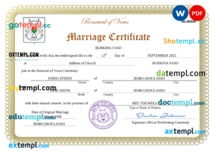 editable template, Burkina Faso marriage certificate Word and PDF template, fully editable