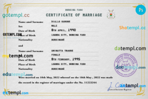 editable template, Burkina Faso marriage certificate PSD template, fully editable