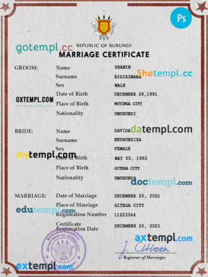 editable template, Burundi marriage certificate PSD template, completely editable