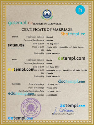 editable template, Cabo Verde marriage certificate PSD template, fully editable