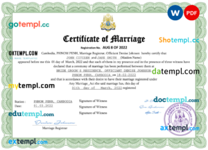 editable template, Cambodia marriage certificate Word and PDF template, fully editable