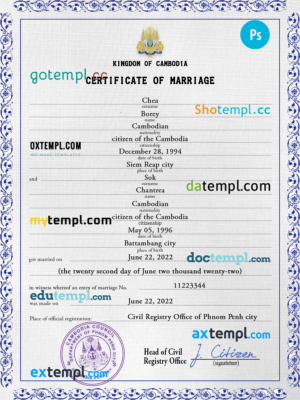 editable template, Cambodia marriage certificate PSD template, completely editable